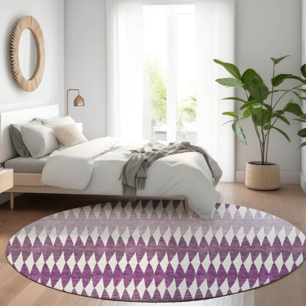 HomeRoots 8' Striped Washable Round Rug in Vibrant Purple and Silver – UV Protected, Durable, and Stylish Decor 668991