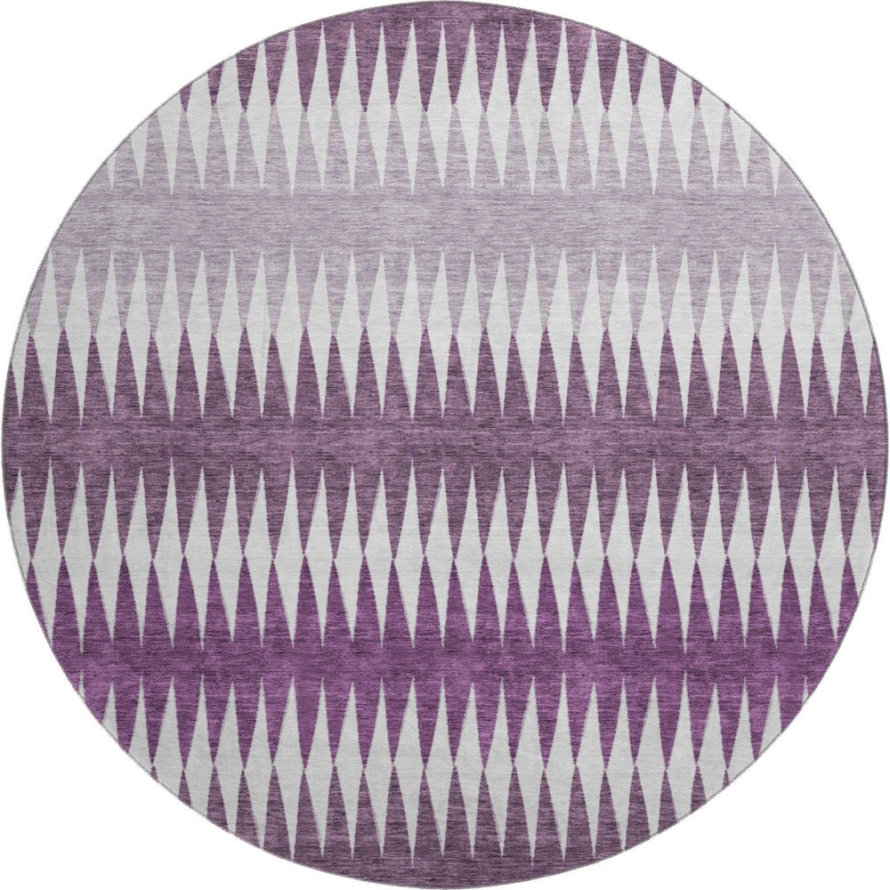 HomeRoots 8' Striped Washable Round Rug in Vibrant Purple and Silver – UV Protected, Durable, and Stylish Decor 668991