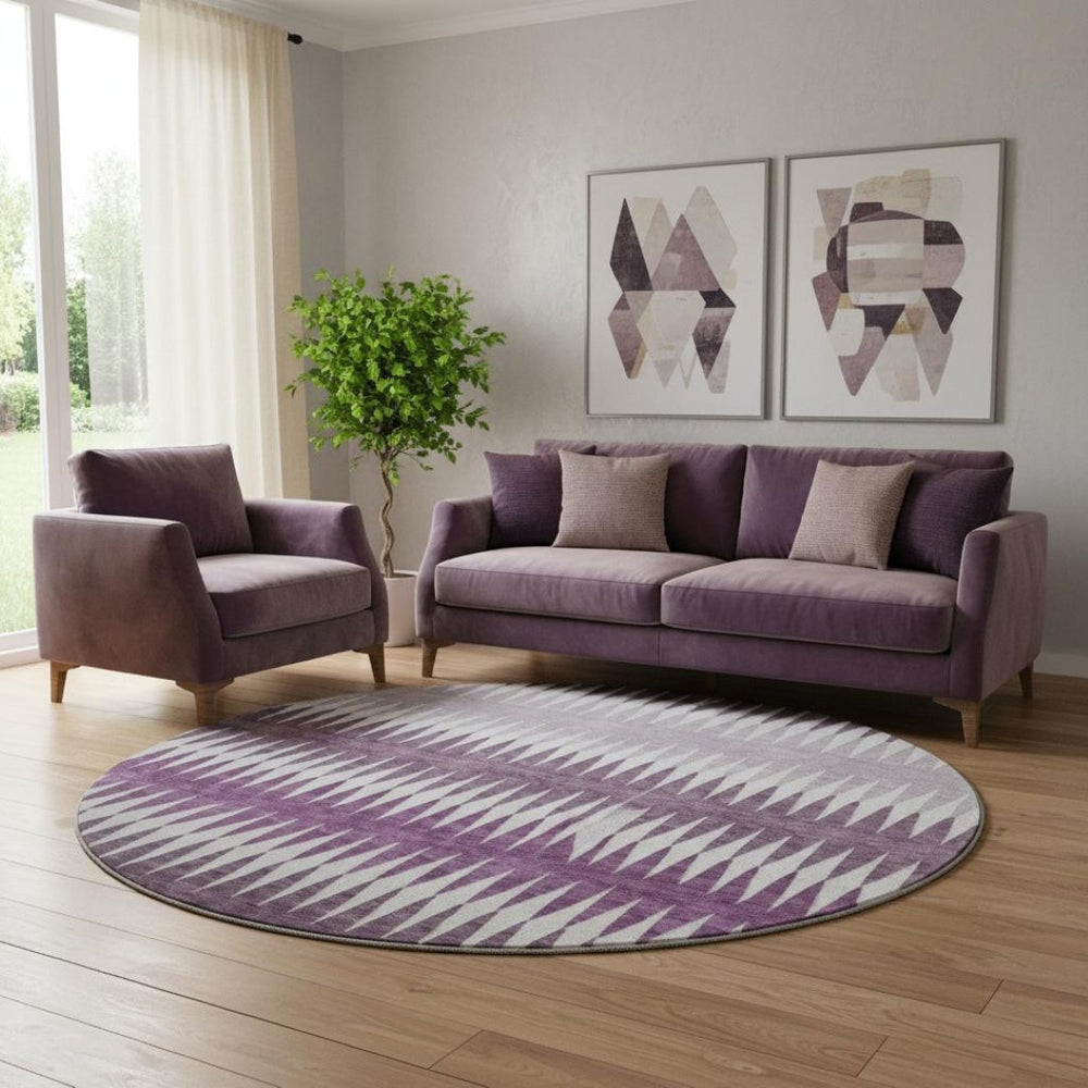 HomeRoots 8' Striped Washable Round Rug in Vibrant Purple and Silver – UV Protected, Durable, and Stylish Decor 668991