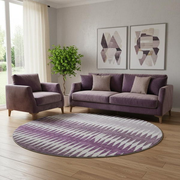 HomeRoots 8' Striped Washable Round Rug in Vibrant Purple and Silver – UV Protected, Durable, and Stylish Decor 668991