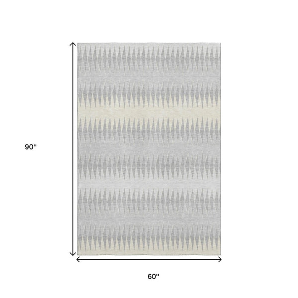 HomeRoots 5' X 8' Washable Silver Ivory Gray Striped Area Rug - Durable, Stain-Resistant & UV Protected! 668996