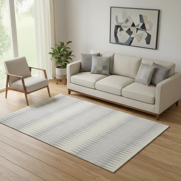 HomeRoots 5' X 8' Washable Silver Ivory Gray Striped Area Rug - Durable, Stain-Resistant & UV Protected! 668996