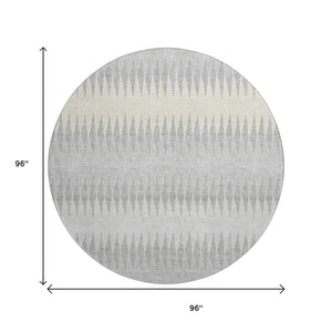 HomeRoots 8' Silver Ivory and Gray Striped Round Rug - Washable, UV Protected, Stain-Resistant, Modern Elegance 668997