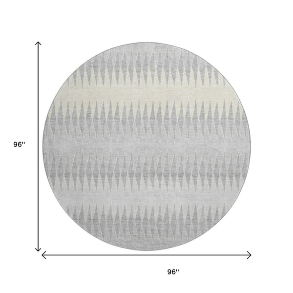 HomeRoots 8' Silver Ivory and Gray Striped Round Rug - Washable, UV Protected, Stain-Resistant, Modern Elegance 668997