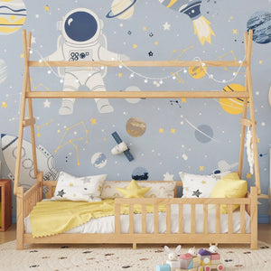 English Elm Twin House Bed with Roof and Guardrails, Low Floor Kids Playhouse Bed with Tent and Lights, Cozy Design Natural 80.91 L x 15.55 W x 6.5 H W2593P296911