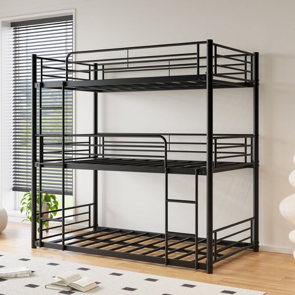 English Elm Triple Twin Metal Bunk Bed with Dual Ladders and Guardrails for Shared Rooms W840S00004