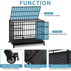English Elm 48 Inch Steel Dog Crate on Wheels Foldable Heavy Duty Cage with Removable Tray W347P421329