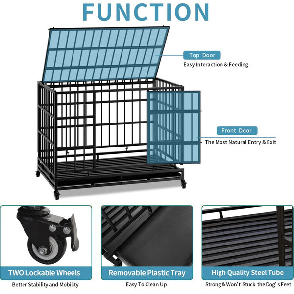 English Elm 48 Inch Steel Dog Crate on Wheels Foldable Heavy Duty Cage with Removable Tray W347P421329