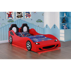 English Elm Solana Race Car Twin Bed with LED Underglow Lights, Padded Seat Headboard & Realistic Wheels - Red B062S01111