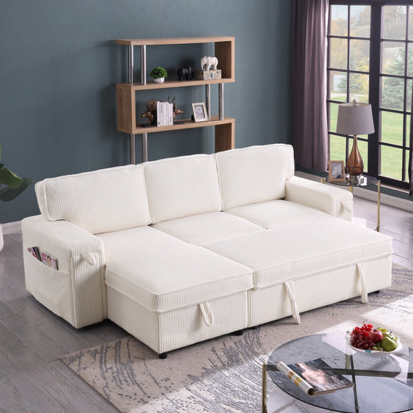 English Elm Upholstery Sleeper Sectional Sofa With Hidden Bed & Storage – Modern Beige Chenille Comfort Solution W1099S00150-GIGA