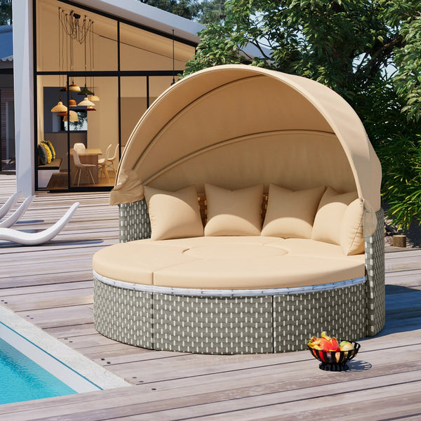 English Elm TOPMAX All-Weather Rattan Round Sectional Daybed with Retractable Canopy, Adjustable Table & Cushions Light Coffee SP100023AAC