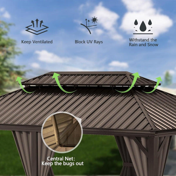English Elm 13x15ft Hardtop Gazebo Galvanized Steel Double Roof Ventilated Patio Shelter with Netting Brown W1859S00206