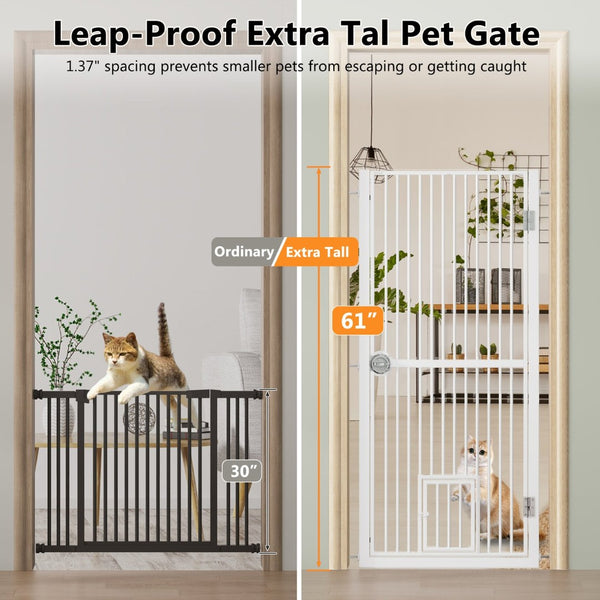 English Elm 61" Extra Tall Pressure Mount Pet Gate with Built-in Cat Door for Doorways T3210P491356