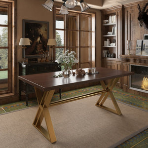 English Elm 70.8 Inch Walnut Top Dining Table with Brushed Gold Steel Base Seats Six T3609S00001