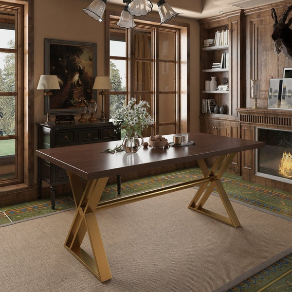 English Elm 70.8 Inch Walnut Top Dining Table with Brushed Gold Steel Base Seats Six T3609S00001