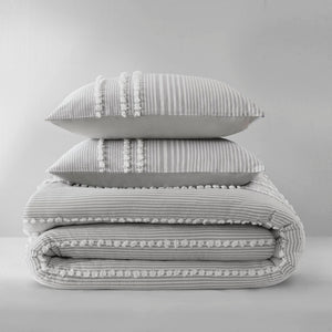 English Elm 3-piece Cotton Yarn Dyed Comforter Set Jacquard Pompom Stripe Coastal Bedroom Grey B035P482890