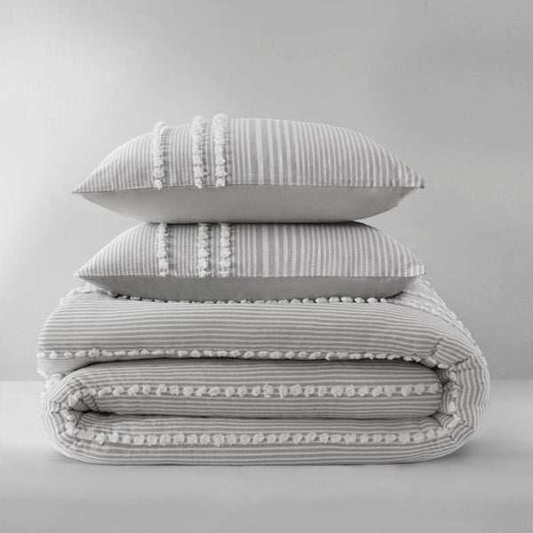 English Elm 3-piece Cotton Yarn Dyed Comforter Set Jacquard Pompom Stripe Coastal Bedroom Grey B035P482890