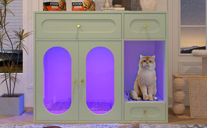 English Elm Cat Litter Box Cabinet with Led Lighting Acrylic Doors and Drawer Storage End Table Green N704P402444F