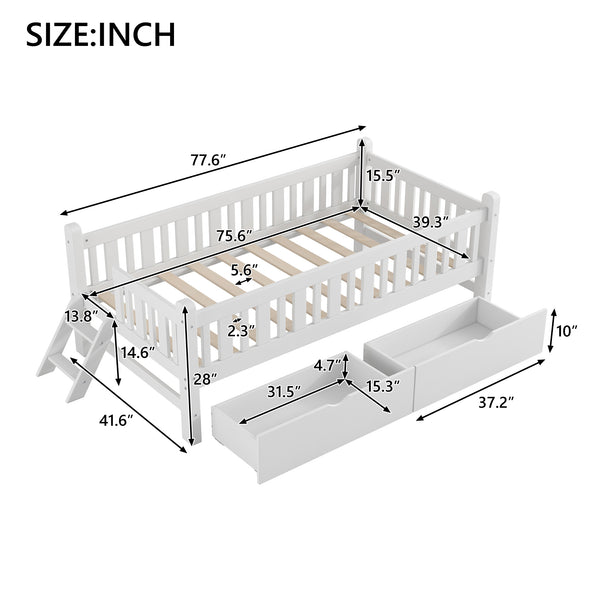 English Elm Wood Twin Platform Bed with Guardrail, Solid Pine Construction, 2 Underbed Drawers for Storage and Playroom Space White N709P242145K