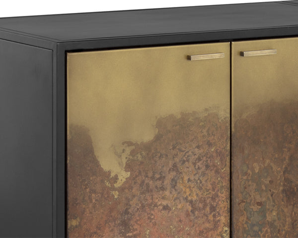 Sunpan Auburn Media Console Cabinet - Exotic Vibrance with Antique Brass Ombre Finish & Black Metal Frame