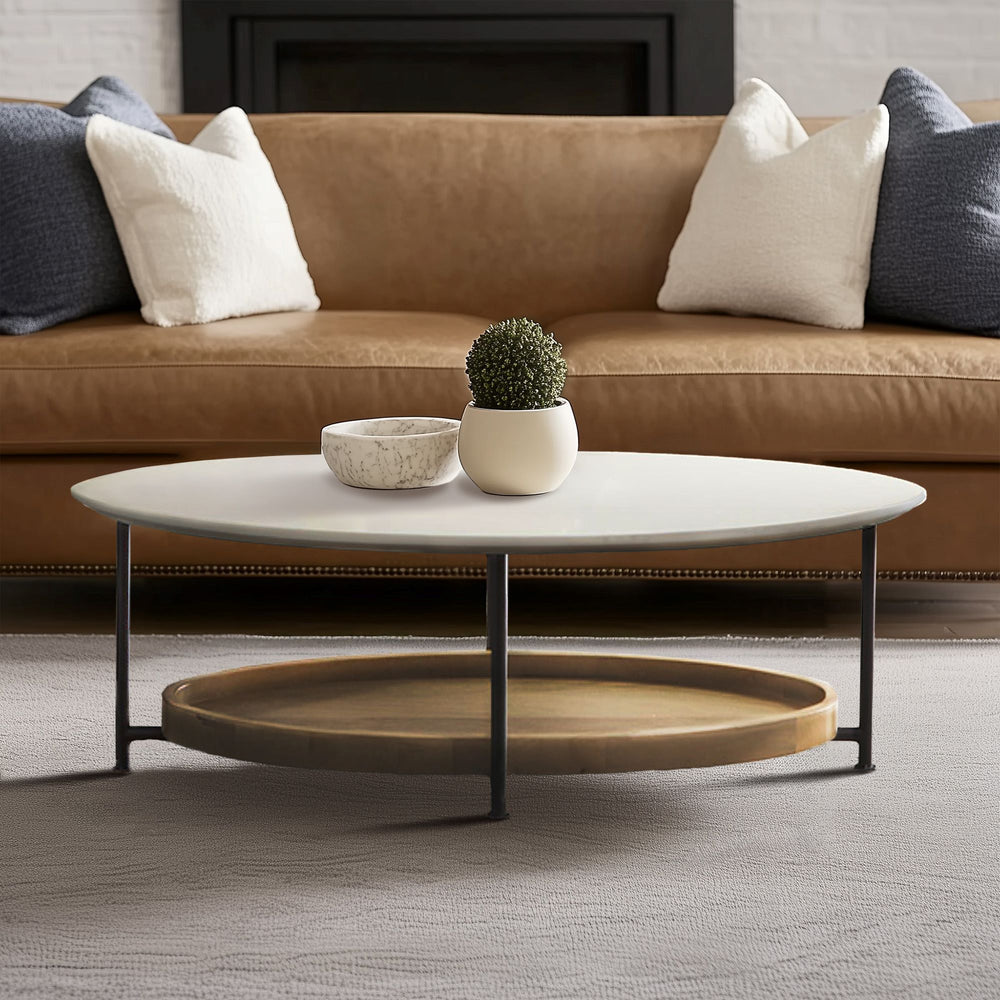 JLA Home Madison Park - 2-Tier Oval Coffee Table with White Top and Natural Wood Shelf, Metal Legs, 75 lb Capacity, Modern Storage Design MP120-1097