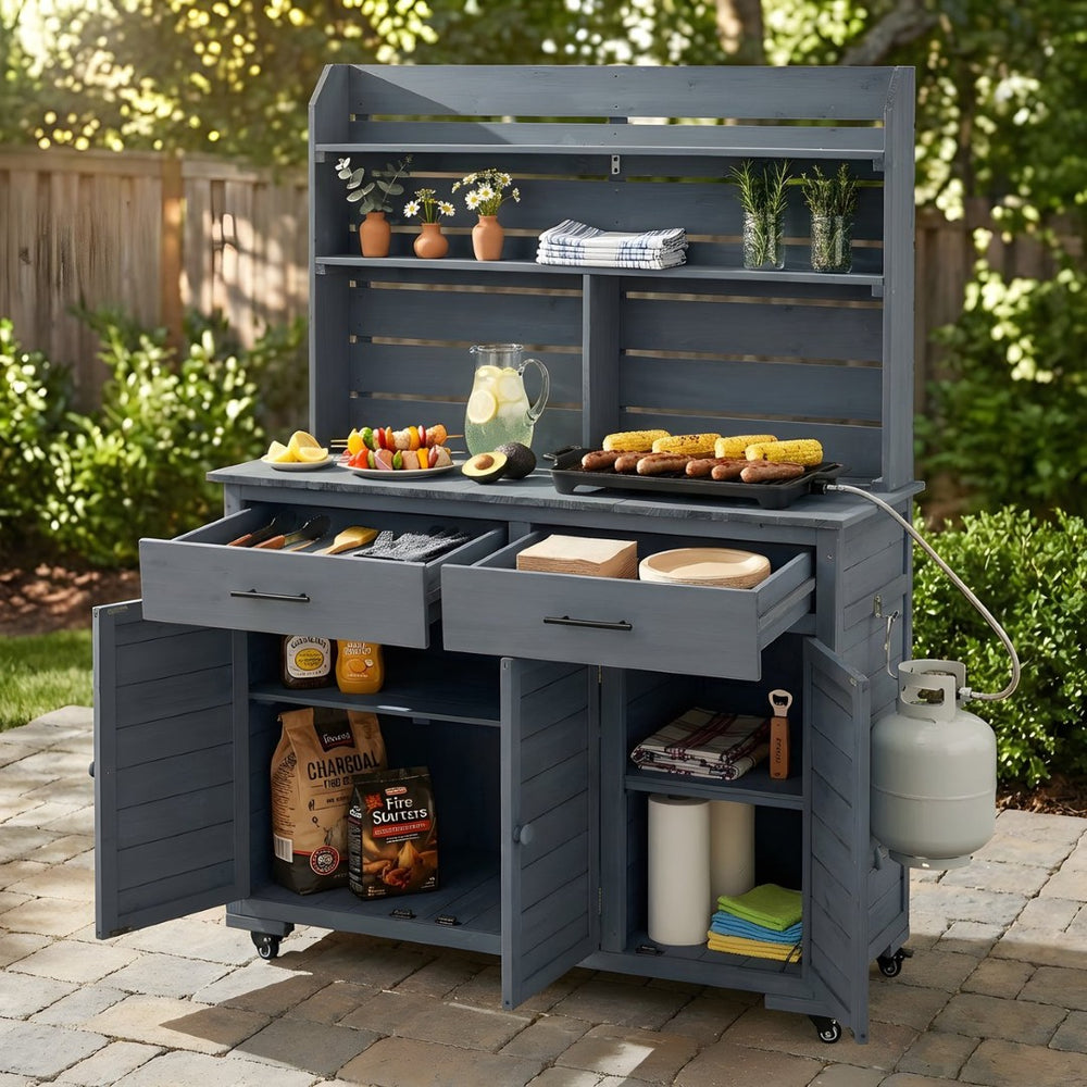 English Elm (assembly Video) Topmax Solid Fir Outdoor Potting Bench Grill Cart with Hutch Storage Gray N717P404333E