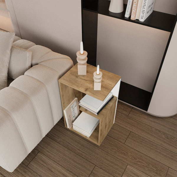 English Elm Side Table Sallis - Compact Macadamia Engineered Wood End Table with Open Shelf, Portable Design Beige B092P309181