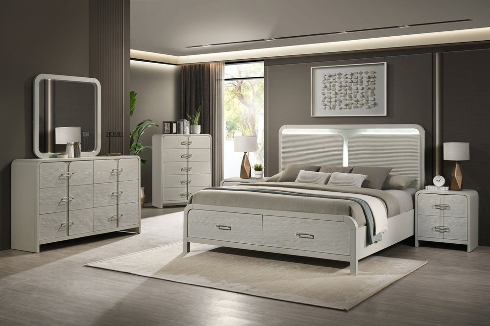English Elm Aria Modern King Bedroom Set with Upholstered Headboard Built-in Lighting Storage B009S01905