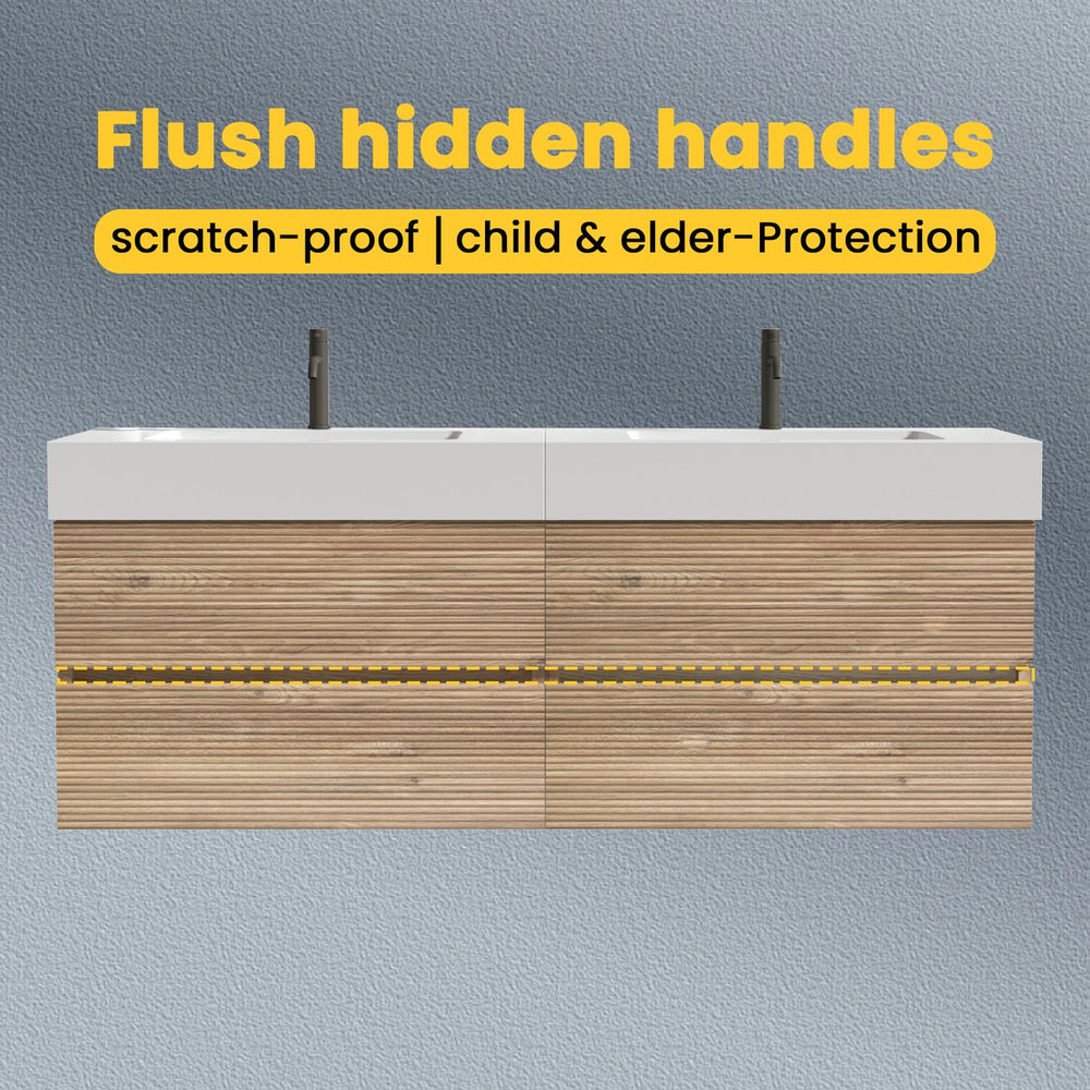 English Elm Grace 60" Bathroom Vanity Wall-Mounted Floating Mid-Century Modern Walnut Grille, Quiet Soft-Close Drawers and One-Piece White Basin (ECO) Oak W1865S00160