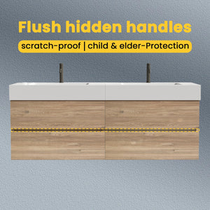 English Elm Grace 60" Bathroom Vanity Wall-Mounted Floating Mid-Century Modern Walnut Grille, Quiet Soft-Close Drawers and One-Piece White Basin (ECO) Oak W1865S00160