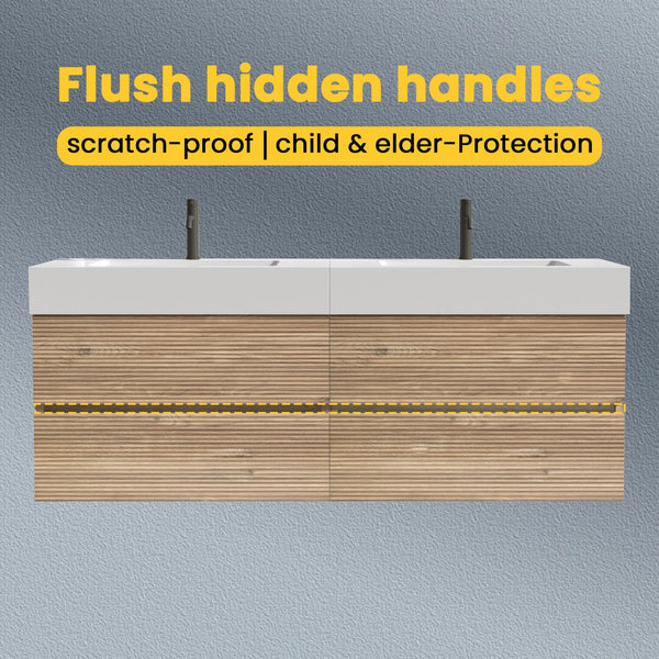 English Elm Grace 60" Bathroom Vanity Wall-Mounted Floating Mid-Century Modern Walnut Grille, Quiet Soft-Close Drawers and One-Piece White Basin (ECO) Oak W1865S00160