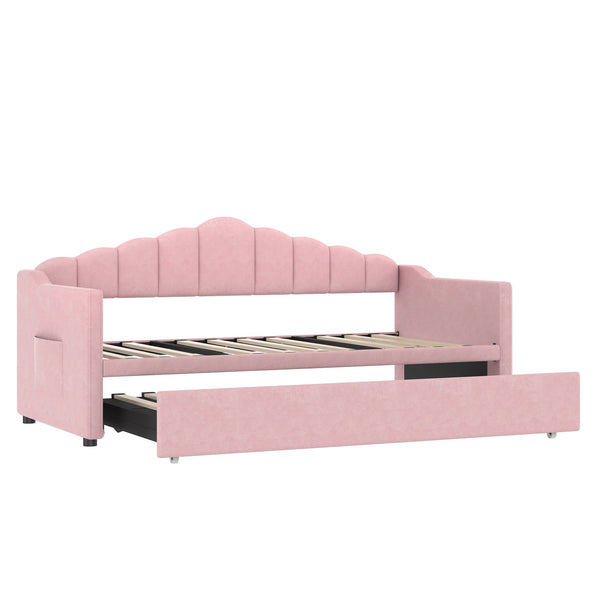 English Elm Upholstered Twin Daybed with Pop-Up Trundle, Built-In USB Type-C Charger, Side Pockets, Velvet Frame Pink 77.25 L x 17.25 W x 5.31 H N733S285118H