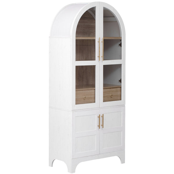 English Elm K&K Arched 71" Kitchen Pantry Cabinet with Glass Doors, Brass Handles, Adjustable Shelves & Drawer White N707P288969W