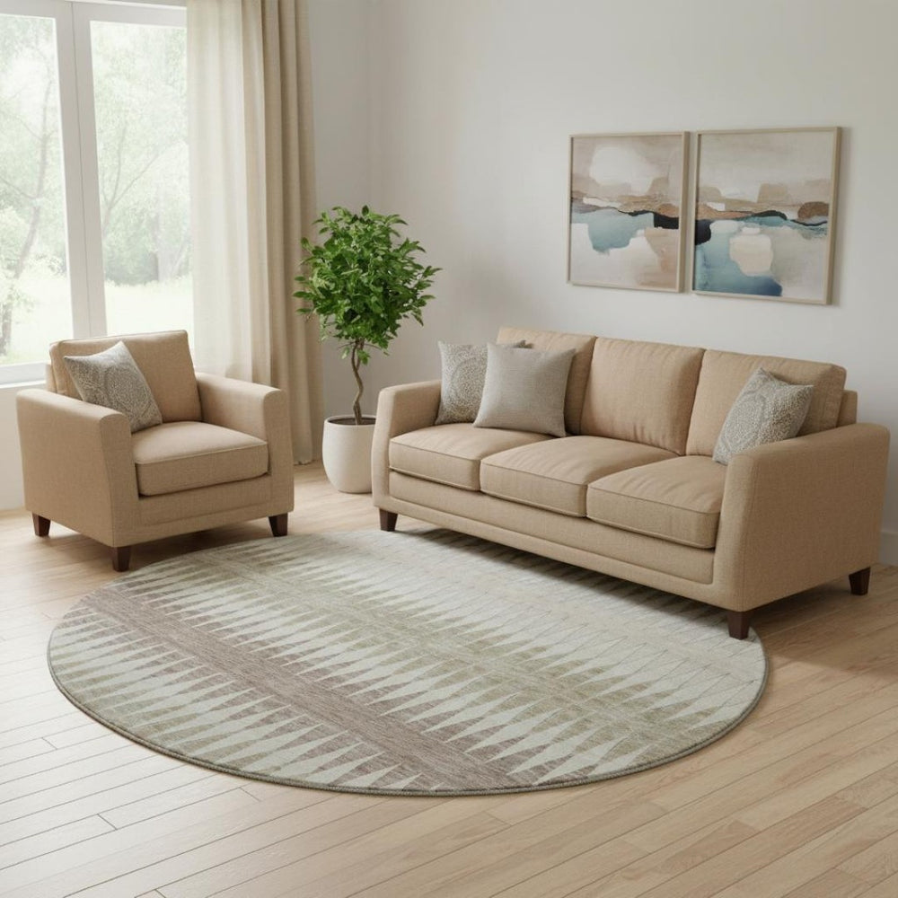 HomeRoots 8' Stylish Taupe Ivory Beige Striped Washable Round Rug – UV Protected, Stain Resistant & Durable 669003