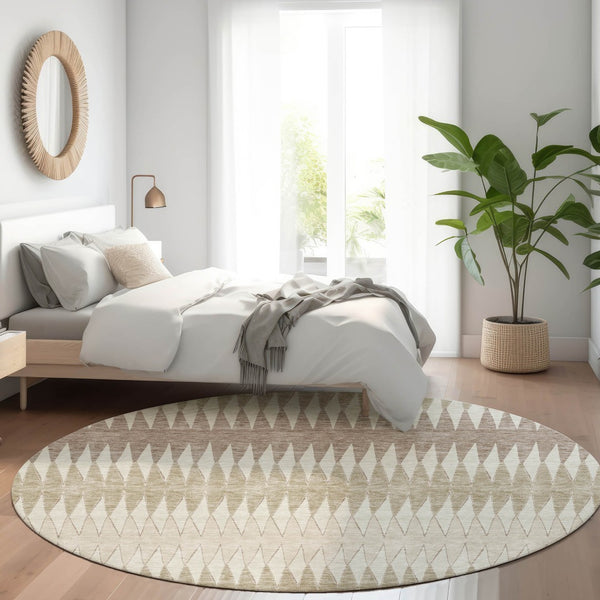 HomeRoots 8' Stylish Taupe Ivory Beige Striped Washable Round Rug – UV Protected, Stain Resistant & Durable 669003