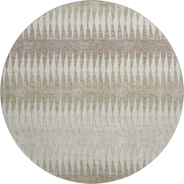 HomeRoots 8' Stylish Taupe Ivory Beige Striped Washable Round Rug – UV Protected, Stain Resistant & Durable 669003