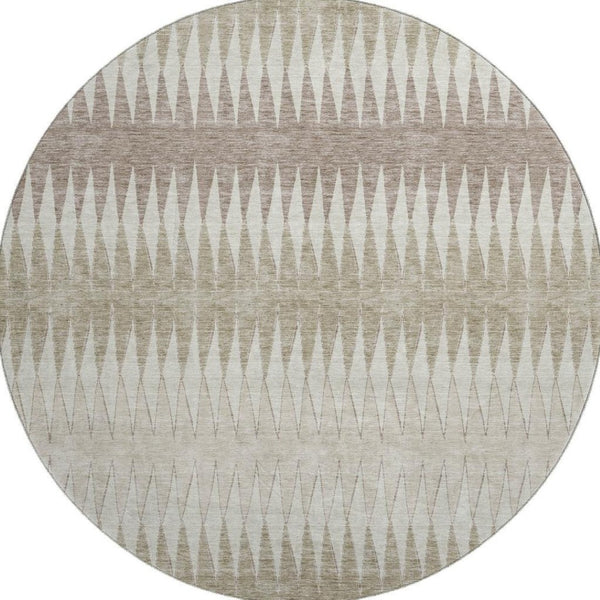 HomeRoots 8' Stylish Taupe Ivory Beige Striped Washable Round Rug – UV Protected, Stain Resistant & Durable 669003