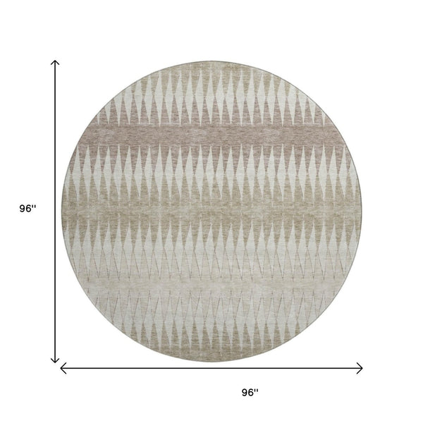 HomeRoots 8' Stylish Taupe Ivory Beige Striped Washable Round Rug – UV Protected, Stain Resistant & Durable 669003
