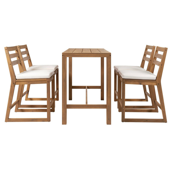 English Elm Trexm Solid Acacia Outdoor Bar Set Five Piece Rustic Slatted Counter Height Patio Light Teak TM000029AAD