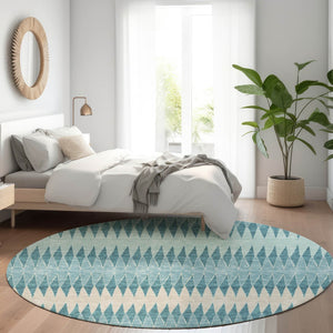 HomeRoots 8' Teal and Beige Striped Round Rug - Washable, UV-Protected, Durable Design for Homes with Kids & Pets 669009