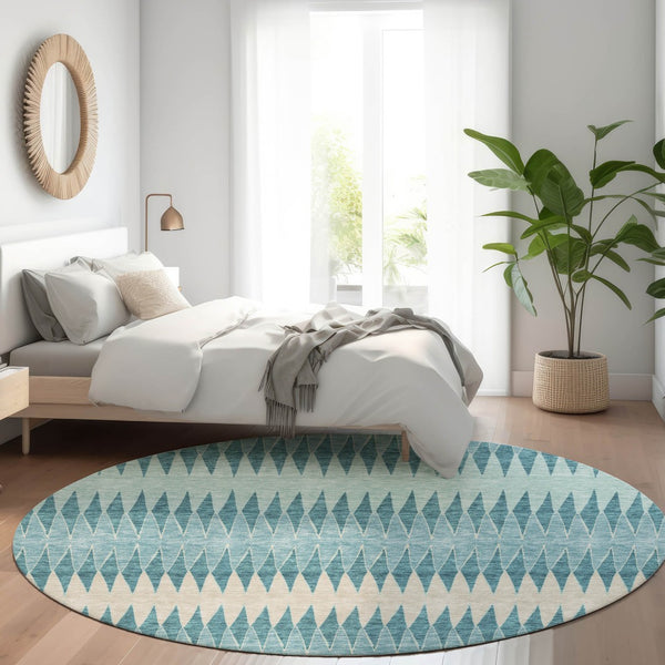 HomeRoots 8' Teal and Beige Striped Round Rug - Washable, UV-Protected, Durable Design for Homes with Kids & Pets 669009