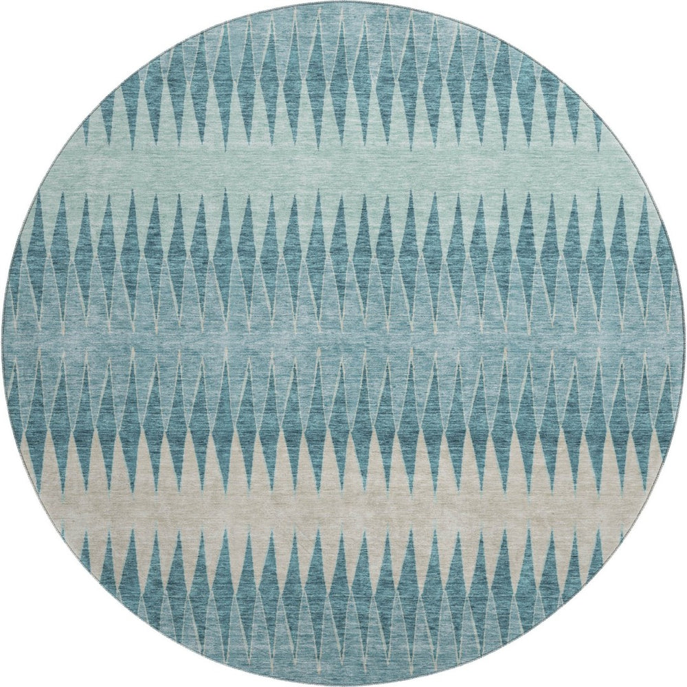 HomeRoots 8' Teal and Beige Striped Round Rug - Washable, UV-Protected, Durable Design for Homes with Kids & Pets 669009