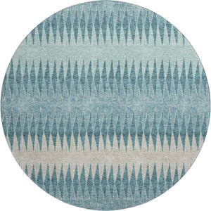 HomeRoots 8' Teal and Beige Striped Round Rug - Washable, UV-Protected, Durable Design for Homes with Kids & Pets 669009