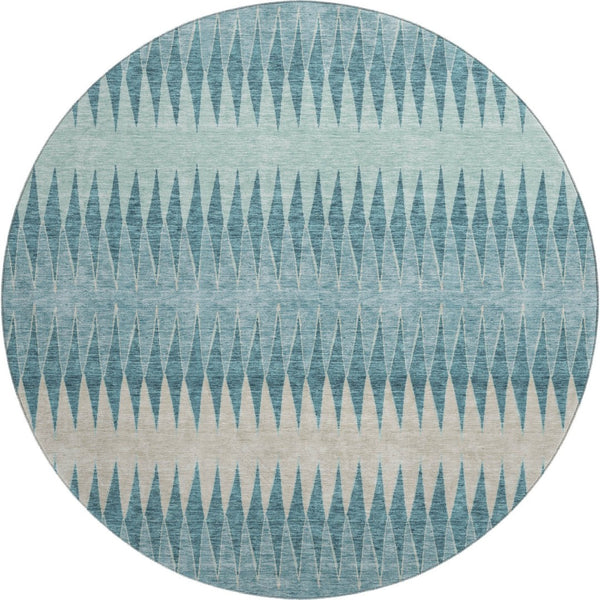 HomeRoots 8' Teal and Beige Striped Round Rug - Washable, UV-Protected, Durable Design for Homes with Kids & Pets 669009