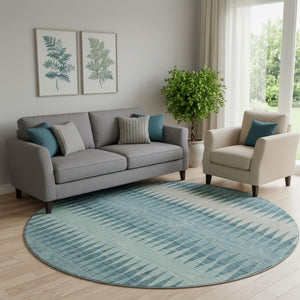 HomeRoots 8' Teal and Beige Striped Round Rug - Washable, UV-Protected, Durable Design for Homes with Kids & Pets 669009