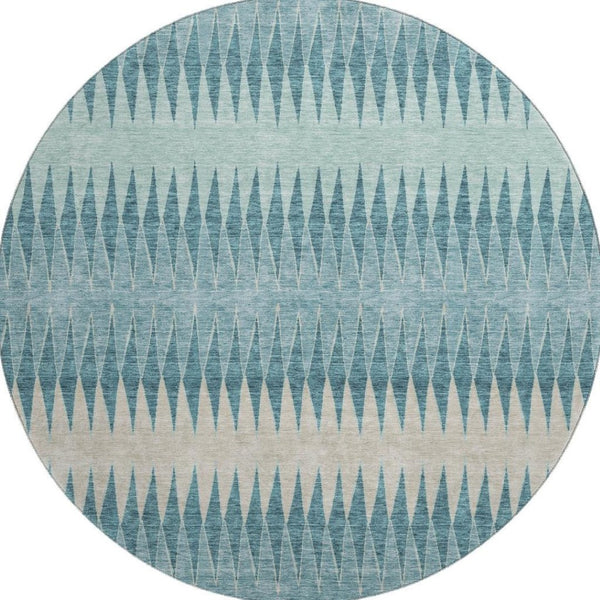 HomeRoots 8' Teal and Beige Striped Round Rug - Washable, UV-Protected, Durable Design for Homes with Kids & Pets 669009