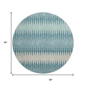HomeRoots 8' Teal and Beige Striped Round Rug - Washable, UV-Protected, Durable Design for Homes with Kids & Pets 669009