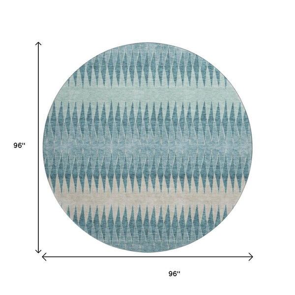HomeRoots 8' Teal and Beige Striped Round Rug - Washable, UV-Protected, Durable Design for Homes with Kids & Pets 669009