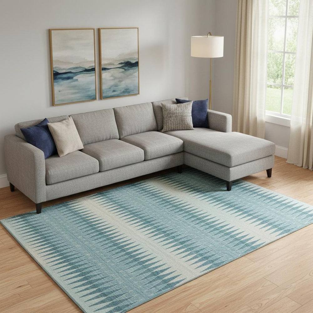 HomeRoots 8' X 10' Stylish Teal and Beige Striped Washable Area Rug with UV Protection for Busy Homes 669010