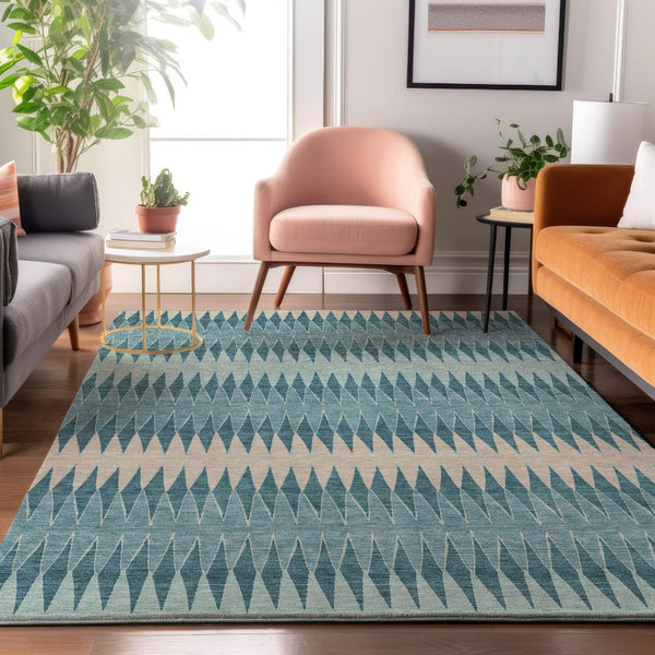 HomeRoots 10' Coastal-Inspired Teal & Beige Striped Washable Area Rug with UV Protection for High Traffic Areas 669012